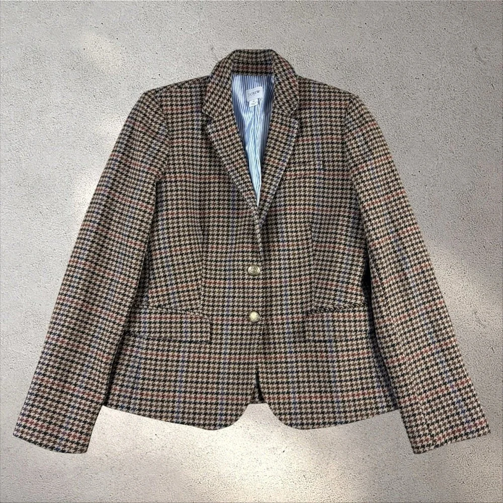 J.Crew Schoolboy Brown Houndstooth Wool Blend‎ Blazer Jacket BA906 Size 4
